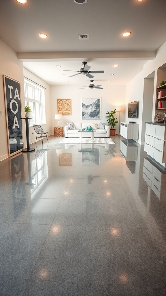 Modern living room with gray epoxy floor reflecting light