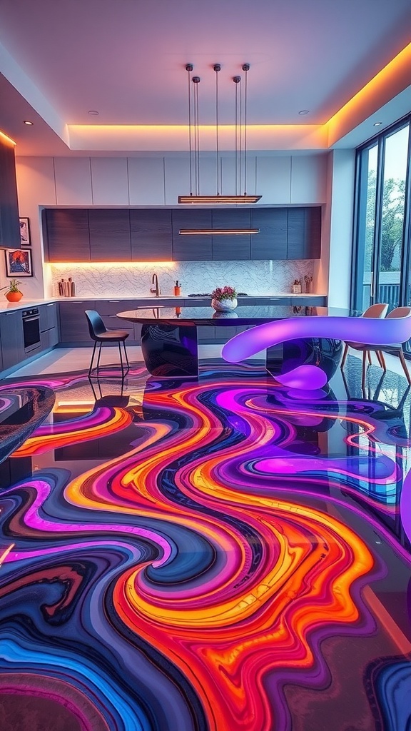 A vibrant kitchen with a colorful epoxy resin floor featuring swirling patterns in purple, orange, and blue.
