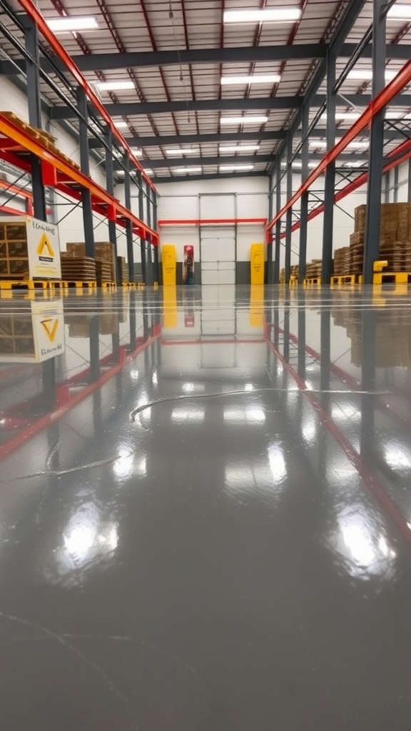 Before and after image of a concrete floor showing dull concrete above and resurfaced epoxy floor below.