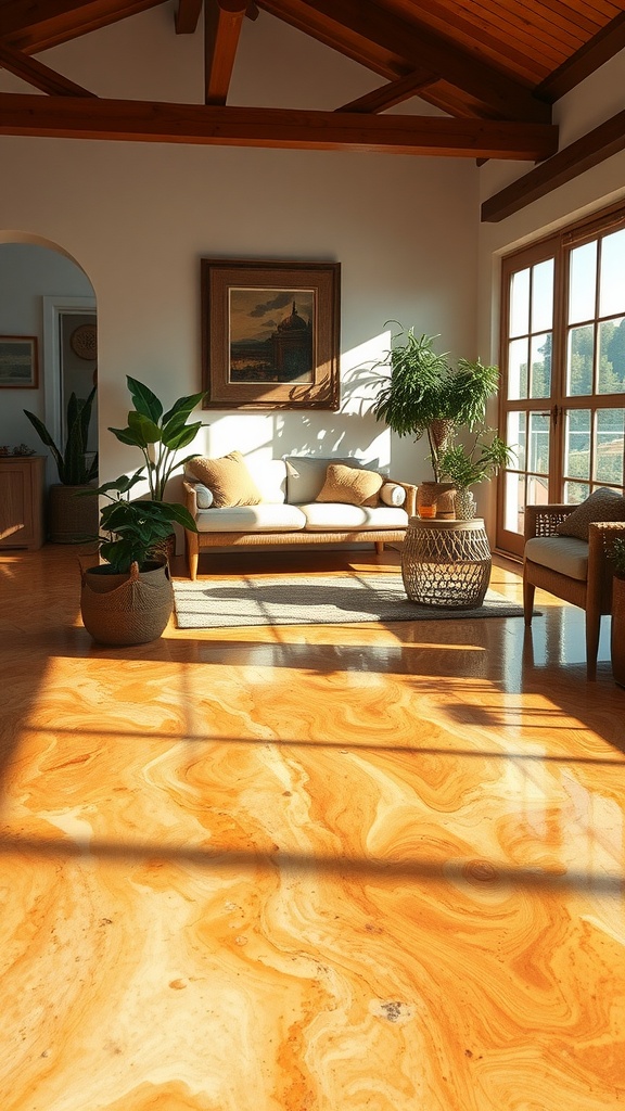 A modern living space showcasing epoxy river table flooring with a blend of wood and epoxy materials.