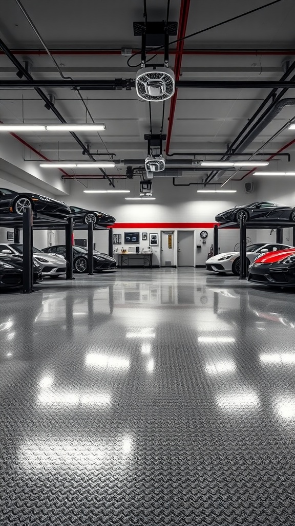 Modern garage interior featuring multiple cars on lifts and a sleek metallic epoxy floor