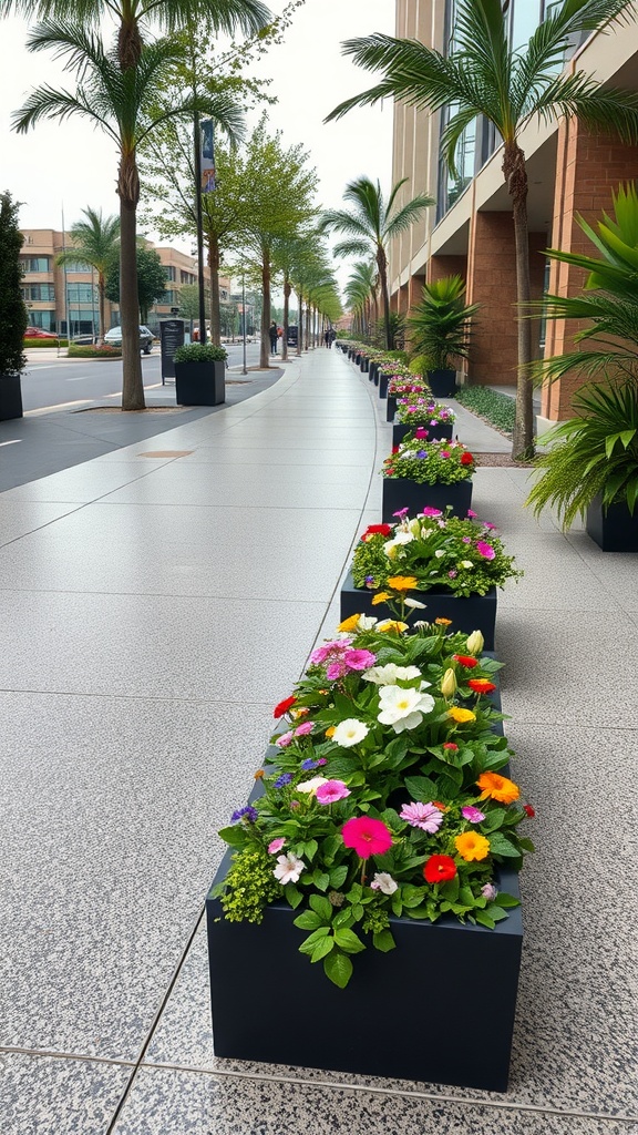 A modern epoxy walkway lined with colorful flower planters