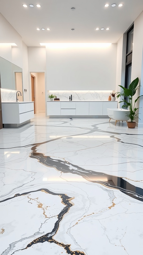 A beautifully designed marble epoxy floor with black and gold accents in a modern interior space.