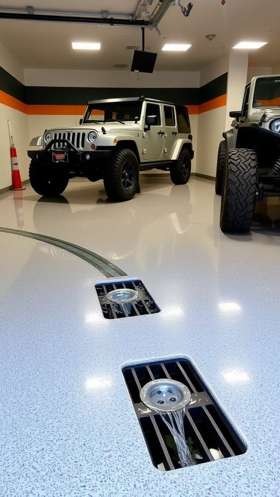 A polished garage epoxy floor with a drainage system, showcasing a sleek design and functionality.