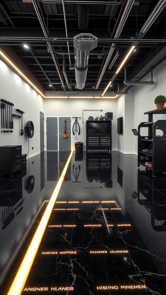 A modern garage with a black marble epoxy floor featuring built-in LED lighting.