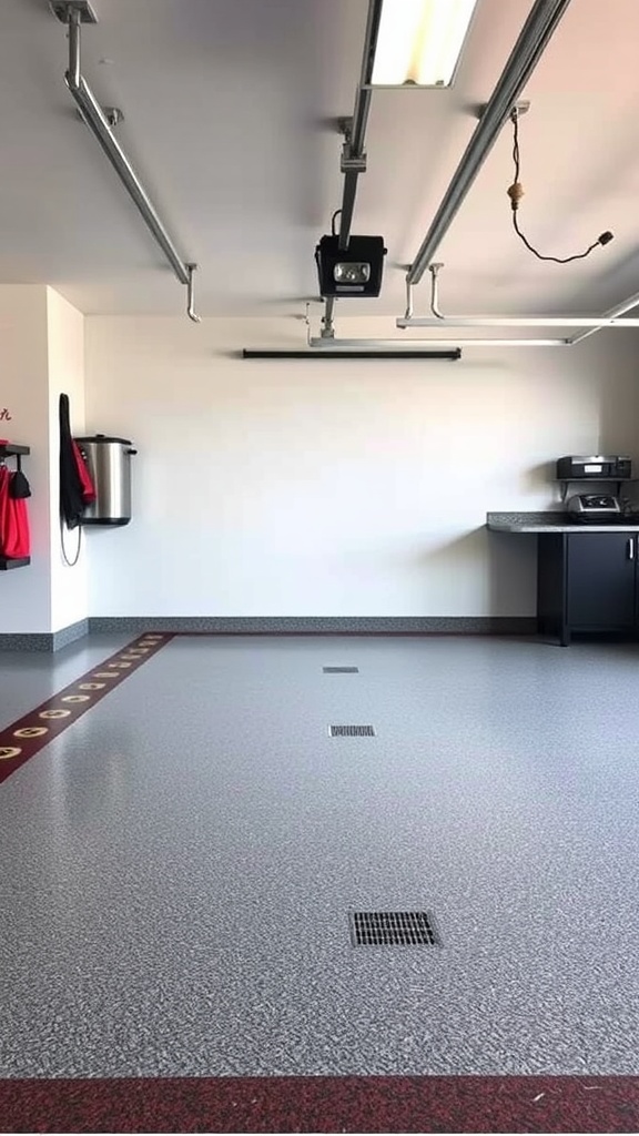 A garage with a light grey epoxy floor featuring a decorative burgundy border.