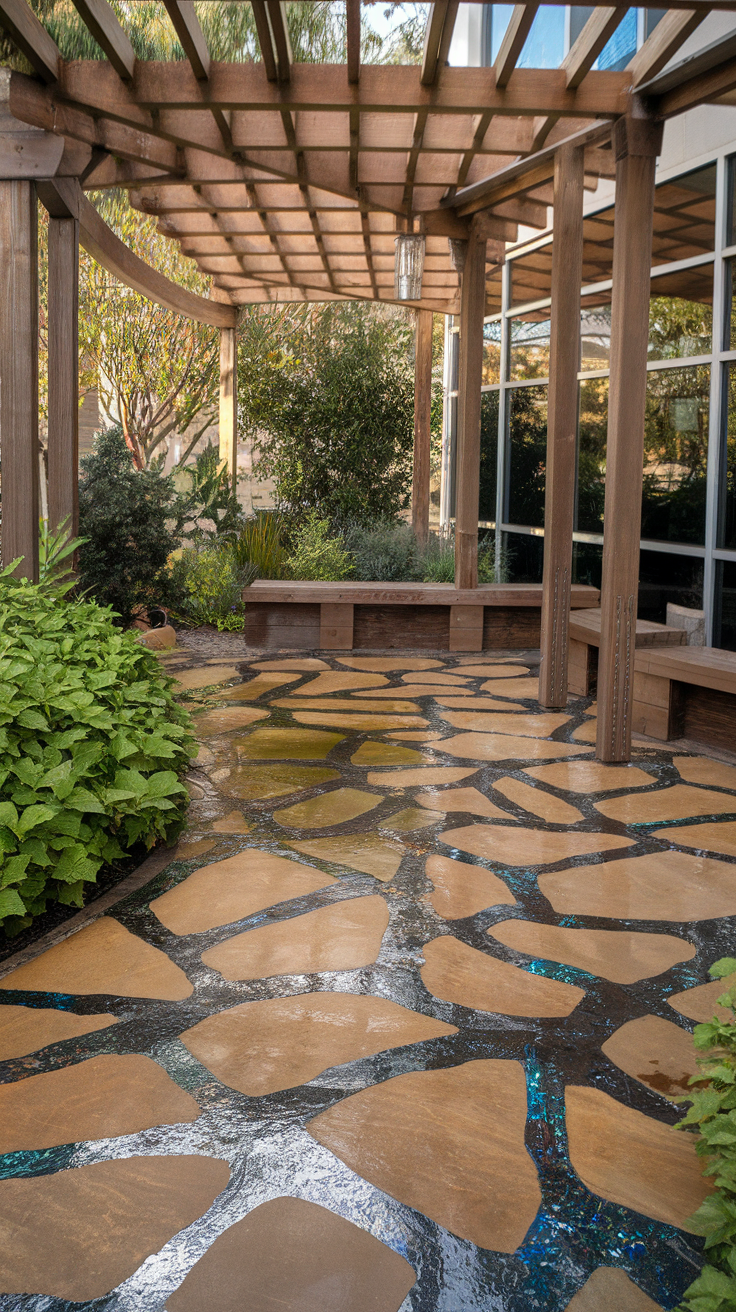 Epoxy floor patio featuring decorative elements and a natural stone pattern.