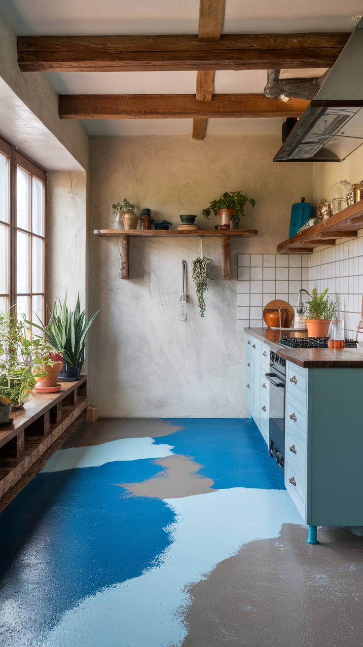 Stylish epoxy floor with embedded shells and stones in a modern kitchen setting.