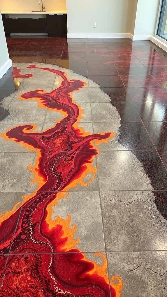 Vibrant epoxy floor with geometric patterns in a modern interior