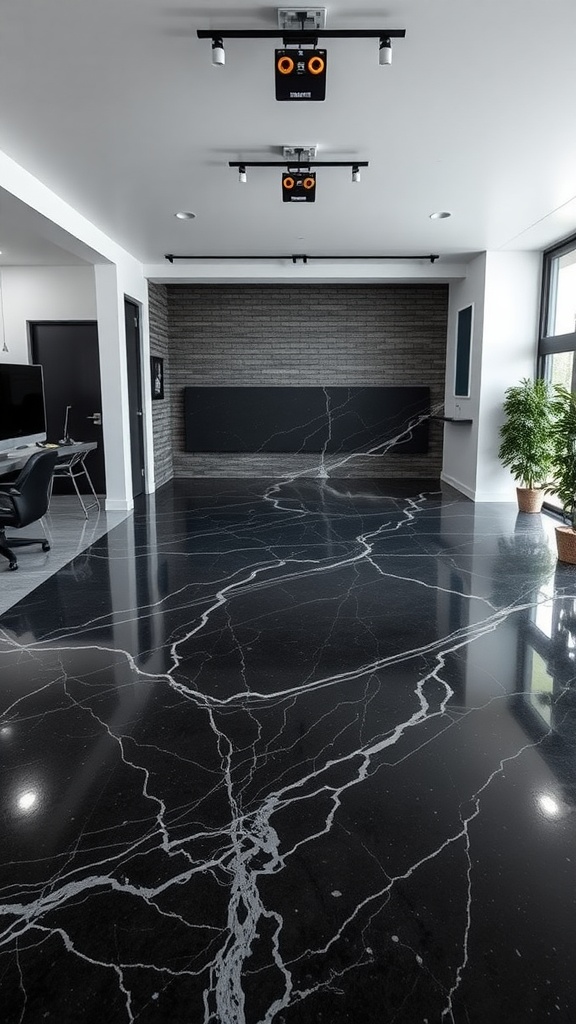 Black marble epoxy floor with white veining in a modern office interior