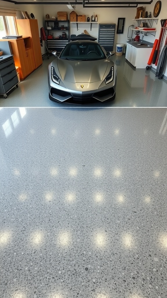 A stylish garage with a sleek gray epoxy floor featuring embedded materials and a sports car.