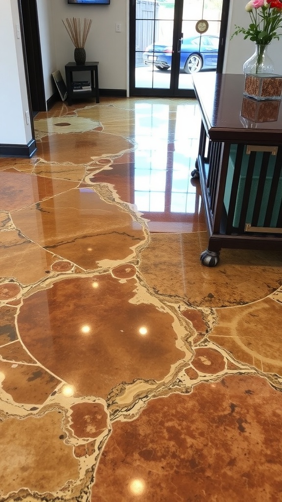 A stylish garage floor featuring epoxy with embedded wood and stones, showcasing a blend of natural elements.
