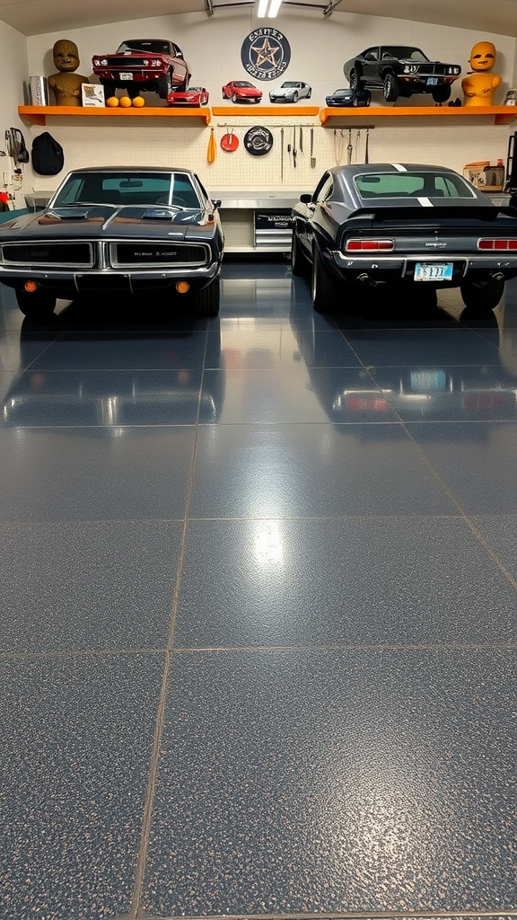 Garage floor with embedded coins in light grey epoxy finish