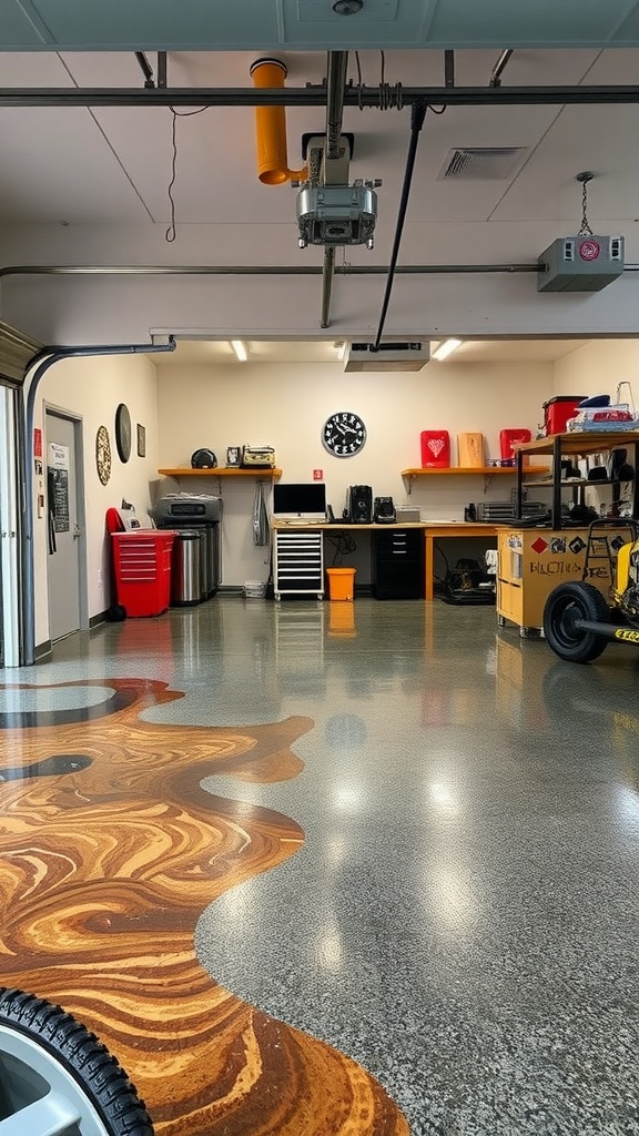 A luxurious garage featuring a colorful 3D epoxy floor with swirling patterns and embedded metallic objects, showcasing high-end sports cars.