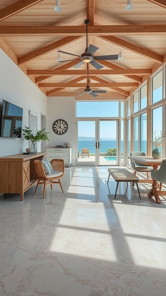 Interior view featuring an epoxy floor with embedded seashells, showcasing a modern living space.