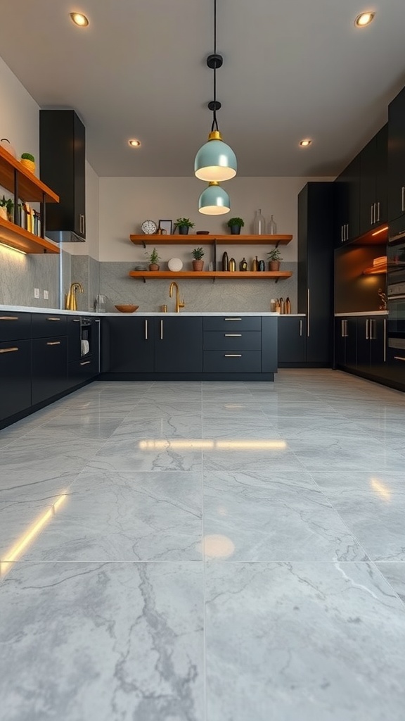 A stylish modern interior with an epoxy floor featuring embedded objects, showcasing a blend of colors and textures.