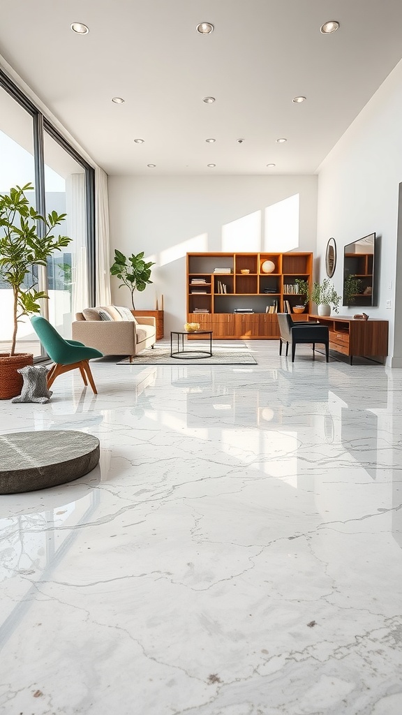 Living room with epoxy flooring featuring embedded stones and a modern aesthetic