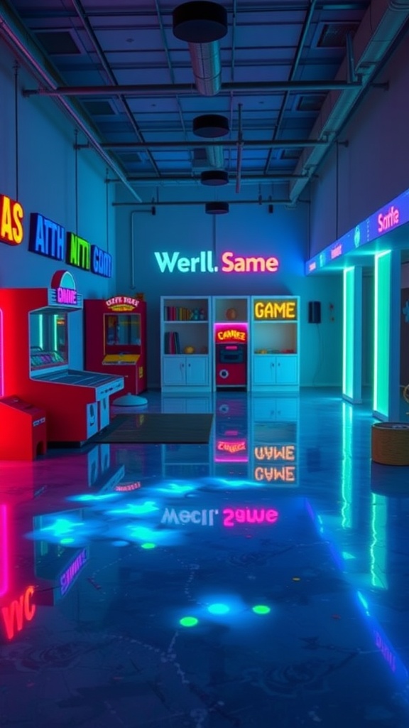 A vibrant arcade area with glow-in-the-dark epoxy flooring, featuring arcade games and colorful signage.