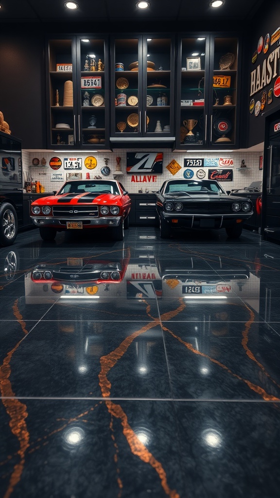 A garage with a glow in the dark epoxy floor, showing vibrant reflections and lighting.