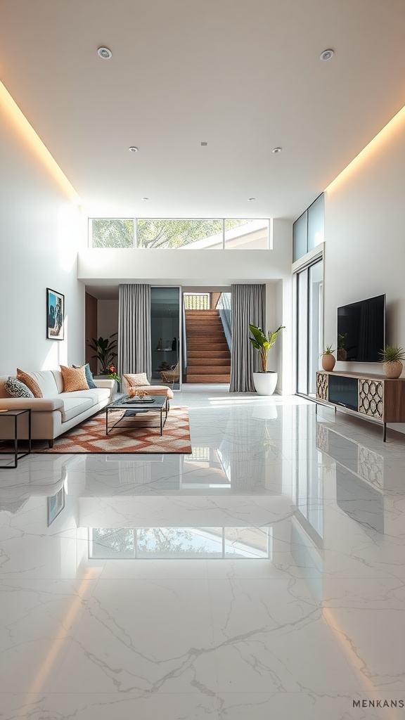 Modern living room featuring epoxy flooring and LED lighting.