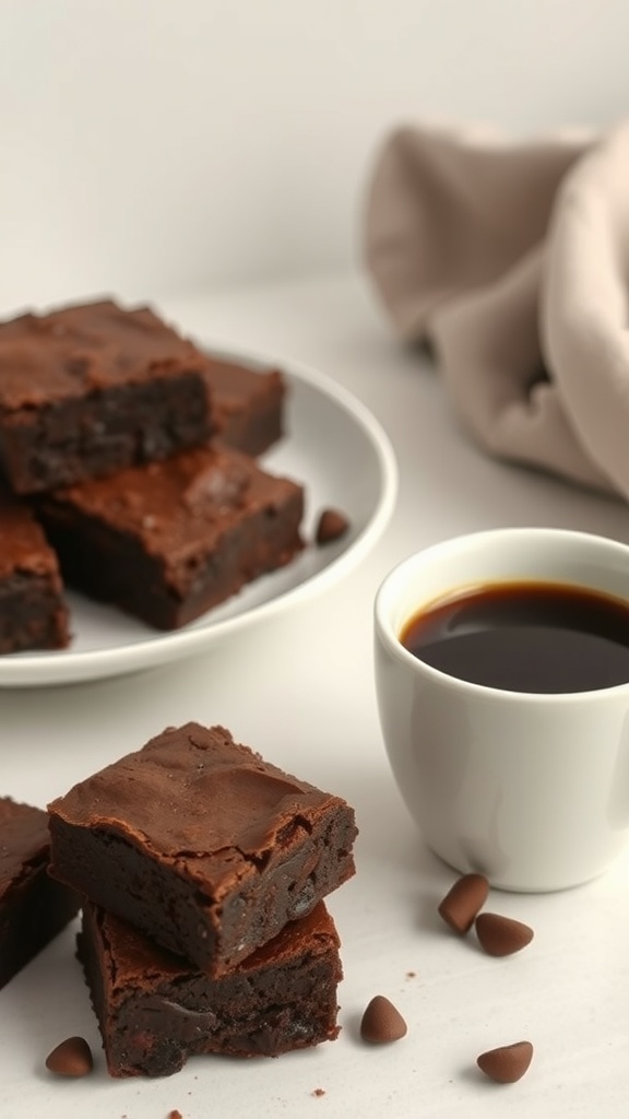 Delicious espresso infused brownies on a plate next to a cup of coffee.