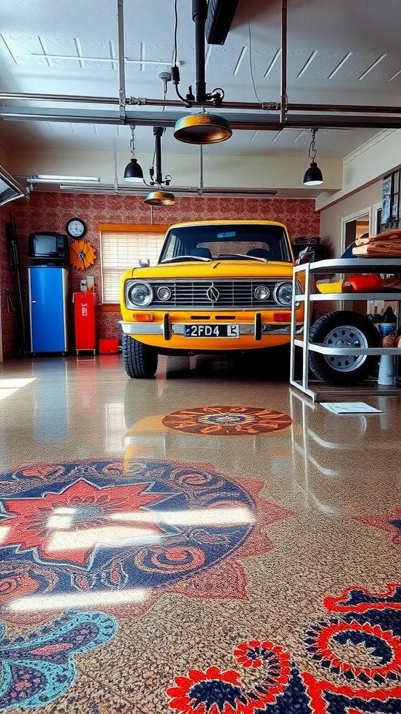 Workspace with tools and materials for epoxy garage floor application