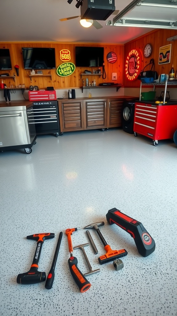 Essential tools for epoxy flooring projects arranged on a shiny epoxy floor in a stylish garage.
