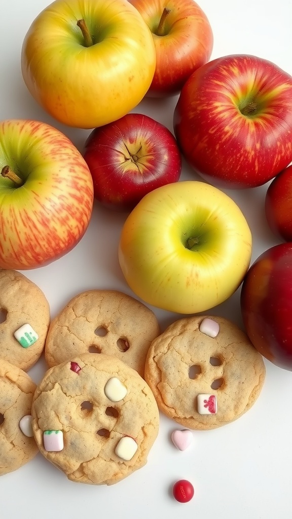 A display of various apples alongside cookie dough with candy pieces.