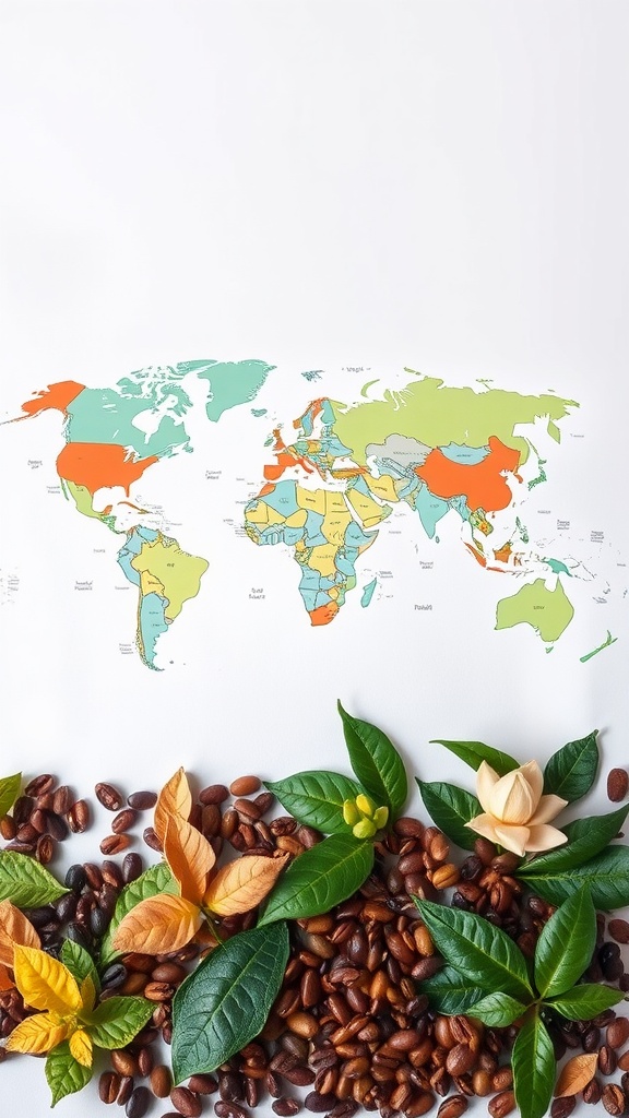 A world map featuring coffee-growing regions and coffee beans with leaves.
