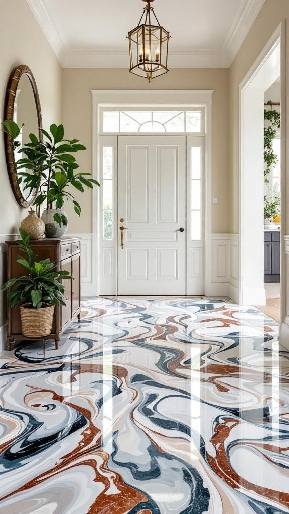 Before and after images of a stained epoxy floor transformation.