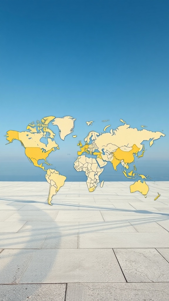 A world map overlay on a concrete floor, representing global trends in sustainable concrete use.