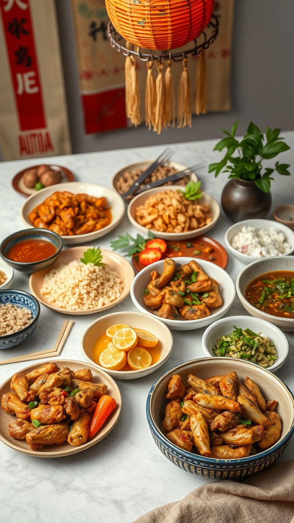 Crispy Bang Bang Chicken served with various sides and sauces.