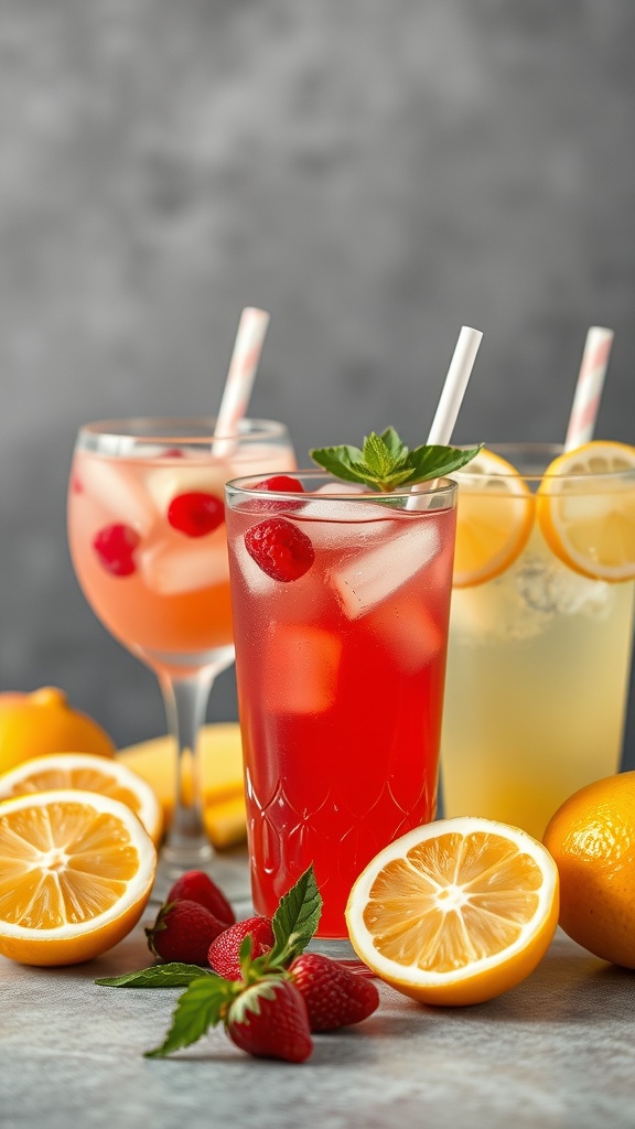 Refreshing drinks of raspberry peach lemonade with lemon slices and fresh fruits