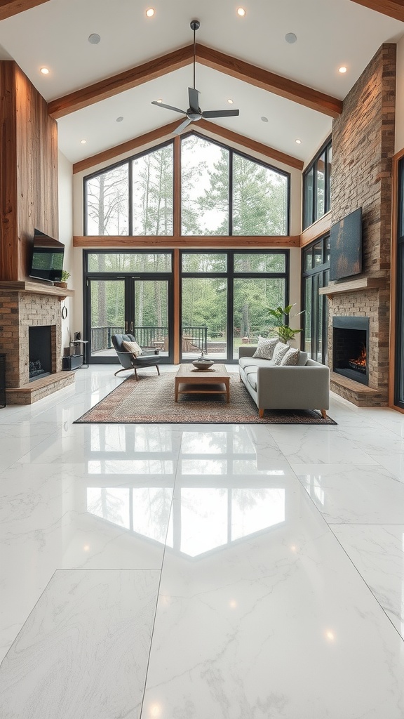 A bright, modern living room with large windows and a cozy atmosphere, featuring a stylish design.