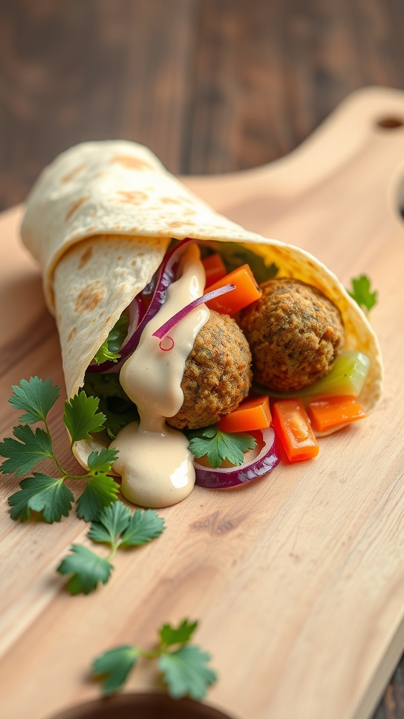 Falafel wrap with tahini sauce and fresh vegetables