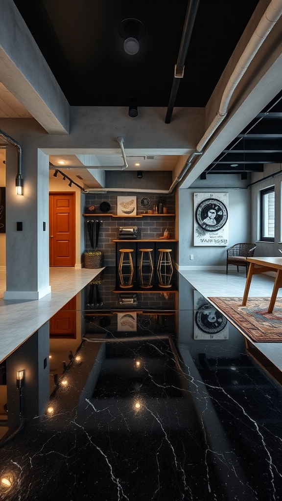Modern basement with black epoxy flooring and black ceiling, showcasing a stylish and durable family-friendly design.