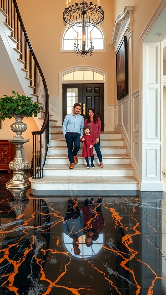 A family walking down a grand staircase in an elegant entrance with epoxy flooring.