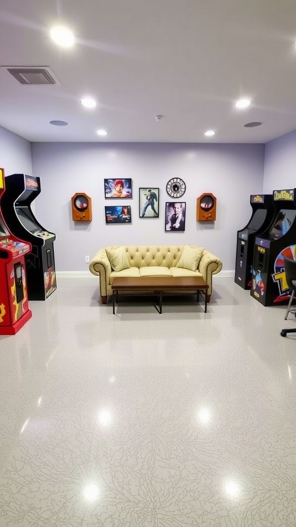 A colorful family game room with an epoxy floor featuring swirls, arcade machines, and a cozy armchair.