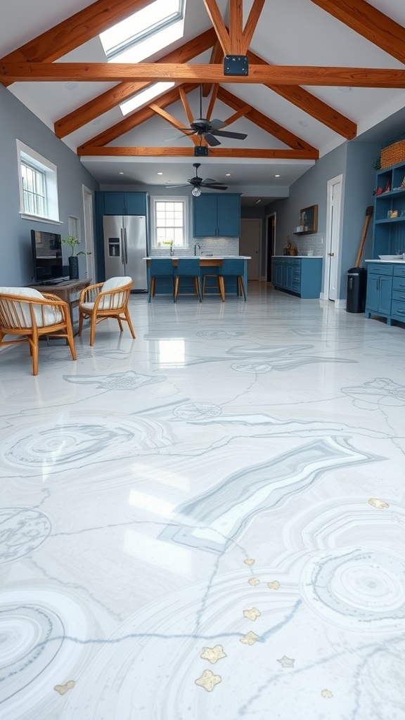 A beautiful resin floor featuring blue tones and intricate patterns in a modern kitchen setting with wooden beams.