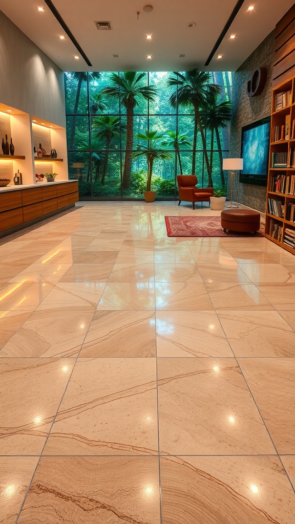 Interior space designed with fantasy forest theme, featuring glossy floors and nature-inspired elements.