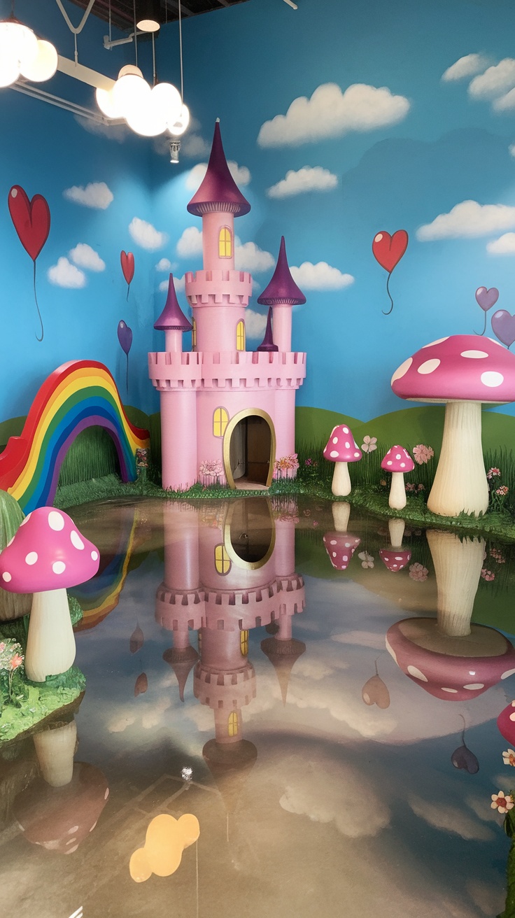 An enchanting room with a colorful, swirling epoxy floor design, resembling a magical portal, surrounded by rustic and natural elements.