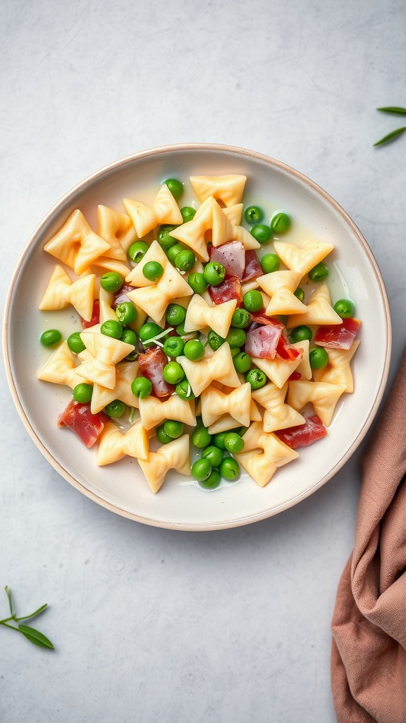 A bowl of farfalle pasta with peas and prosciutto