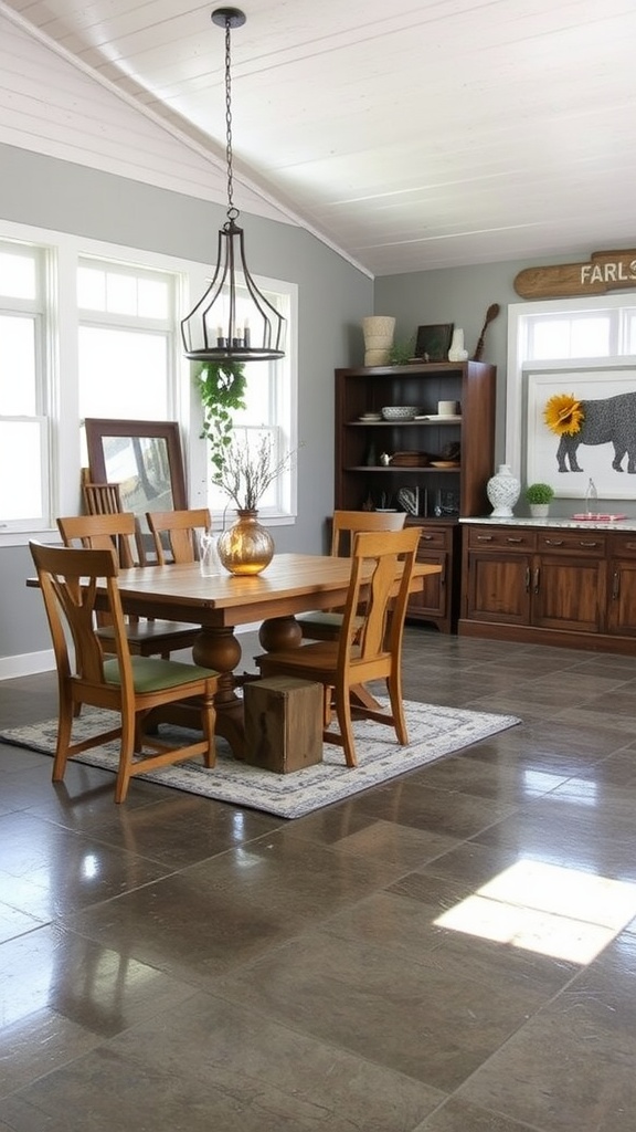 Interior of a modern farmhouse with a checkerboard epoxy floor pattern.