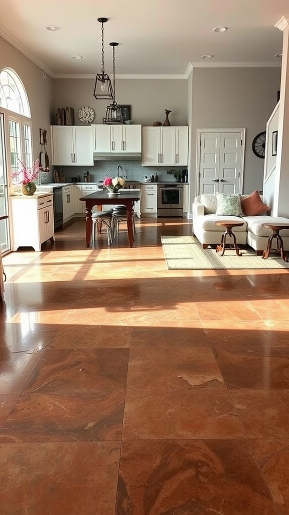 A bright kitchen and living room with brown epoxy flooring, white cabinets, and cozy seating.