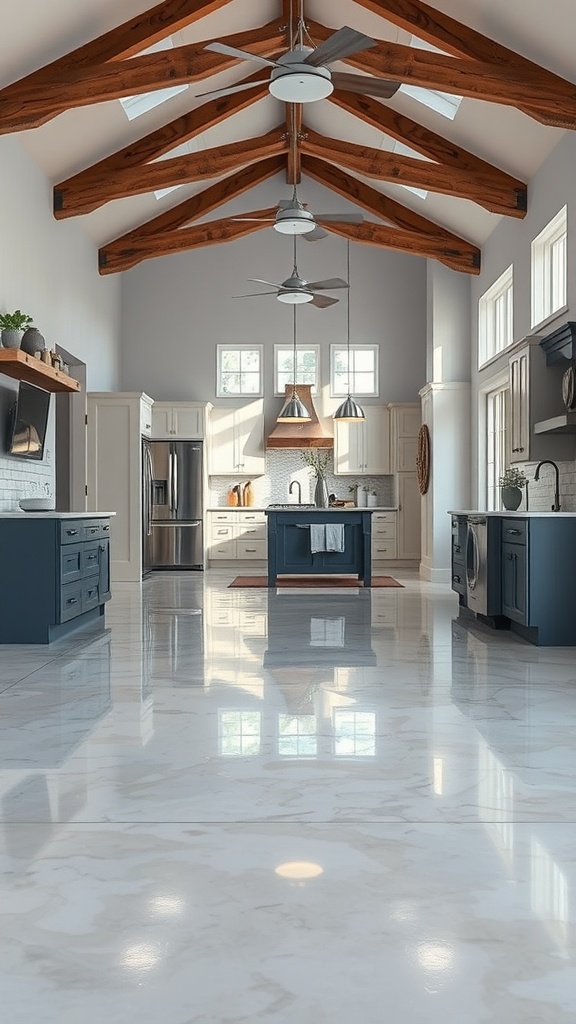 A spacious kitchen featuring blue cabinets, polished epoxy floors, and wooden beams.