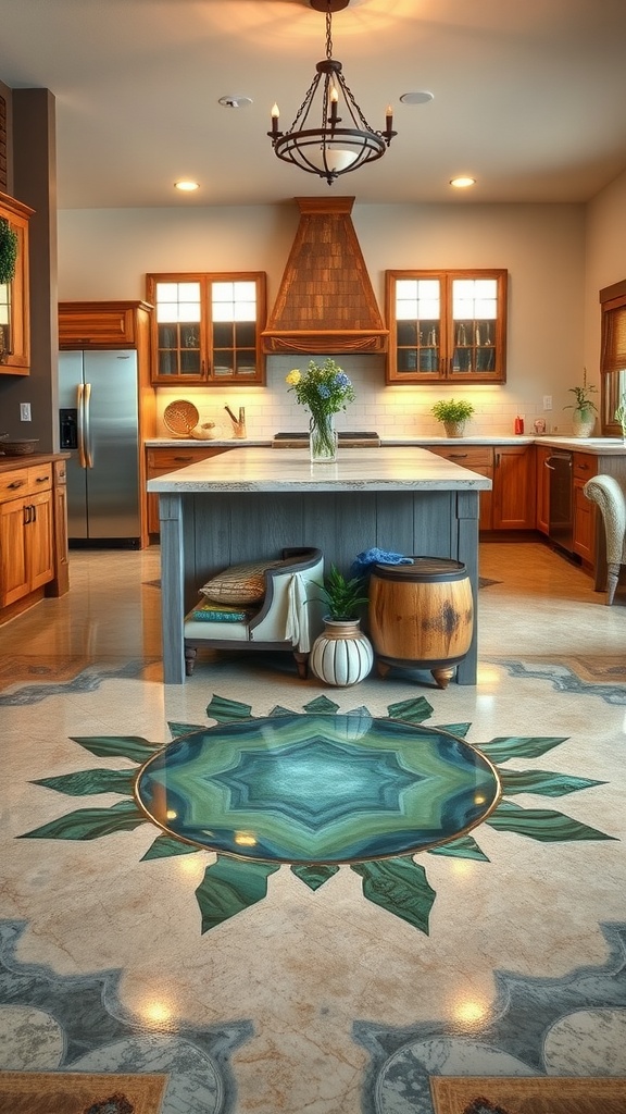A beautiful farmhouse kitchen with a chandelier over the island and artistic epoxy flooring, showcasing rustic design elements.