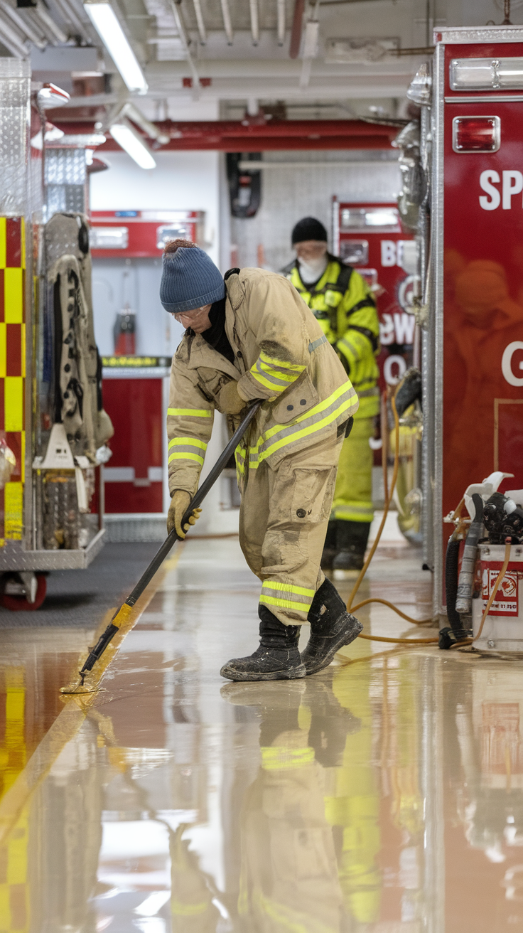 A firefighter applying epoxy on the floor in a fire station.
