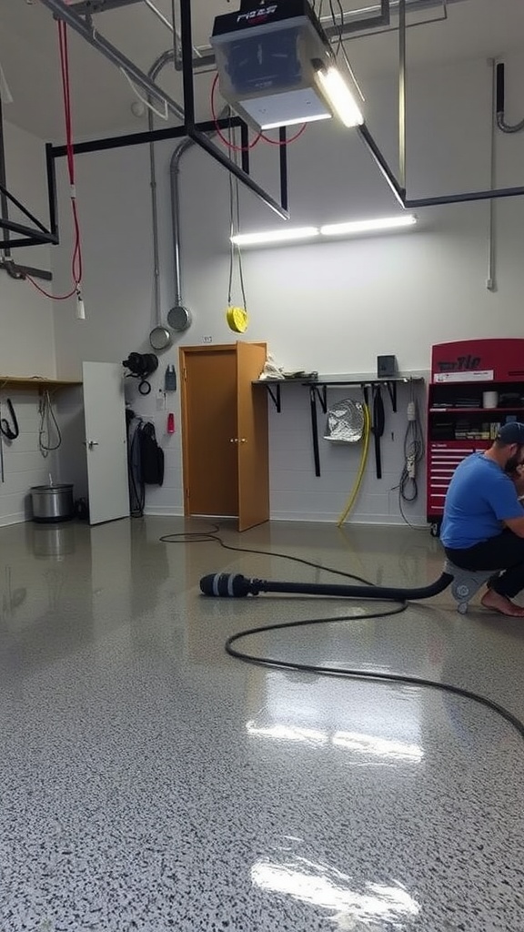 A garage with a newly installed glossy epoxy floor and a worker preparing the space