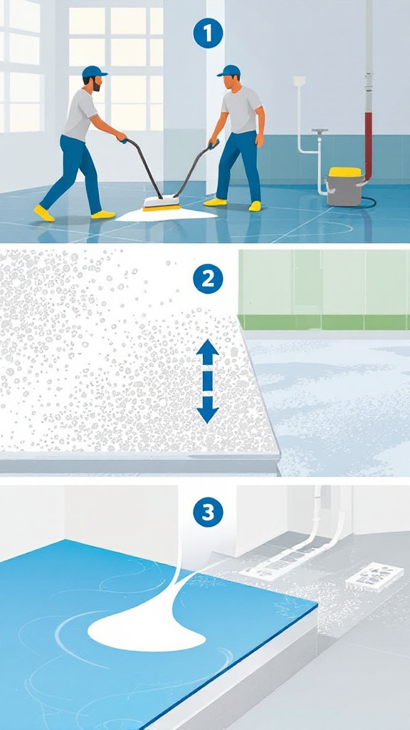 An illustration showing the steps of applying a flooring material, highlighting the process of fast cure times.