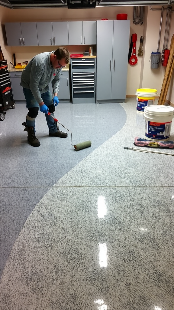 A person applying epoxy coating to a garage floor with a cleaning tool.